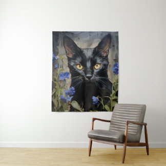 Tenture Chat noir et fleurs