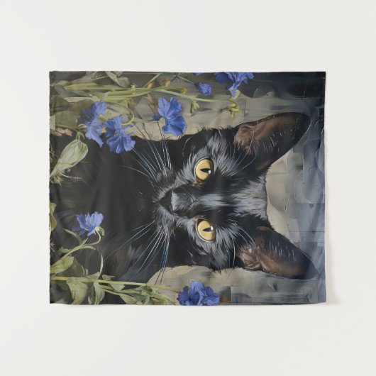 Tenture Chat noir et fleurs (Devant (Horizontal))