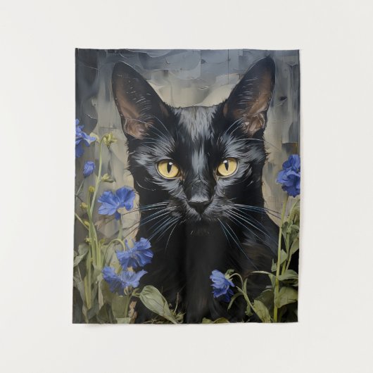 Tenture Chat noir et fleurs (Devant)