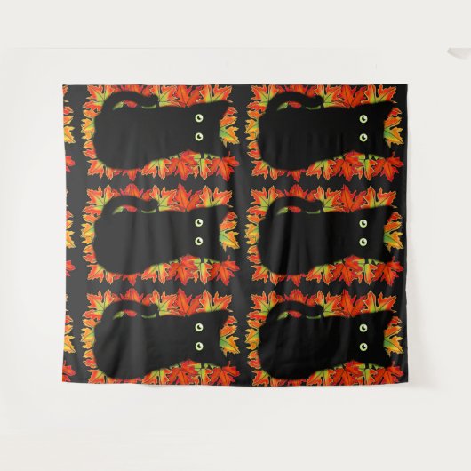Tenture Chat noir, Feuilles d'automne motif, Halloween amu (Devant (Horizontal))