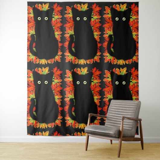 Tenture Chat noir, Feuilles d'automne motif, Halloween amu (En situation)