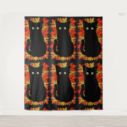Tenture Chat noir, Feuilles d'automne motif, Halloween amu (Devant)
