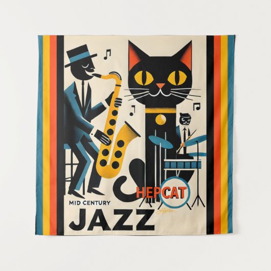Tenture Chat Noir HepCat d'Ère du Jazz Milieu du Siècle (Devant)