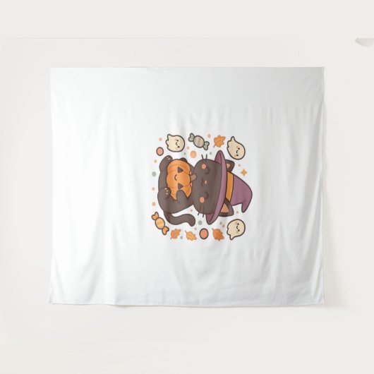 Tenture Chat noir mignon avec Casquette sorcier - Kawaii H (Devant (Horizontal))