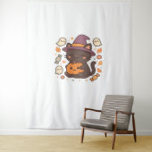 Tenture Chat noir mignon avec Casquette sorcier - Kawaii H (En situation)