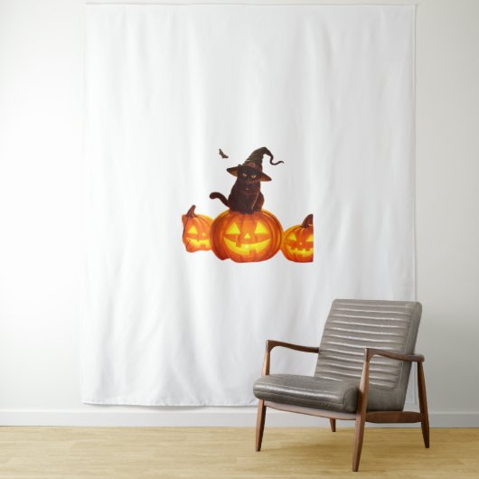 Tenture Chat noir mignon avec sorcière Casquette, chauves- (En situation)