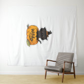 Tenture Chat noir mignon en citrouille avec casquette sorc (En situation (horizontale))