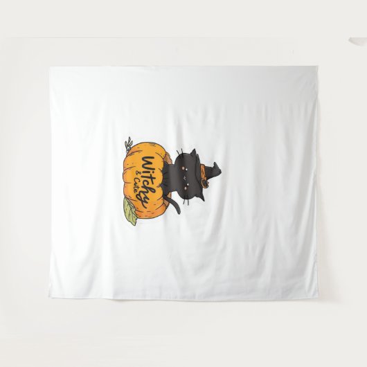 Tenture Chat noir mignon en citrouille avec casquette sorc (Devant (Horizontal))