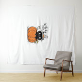 Tenture Chat noir mignon en citrouille avec casquette sorc (En situation (horizontale))