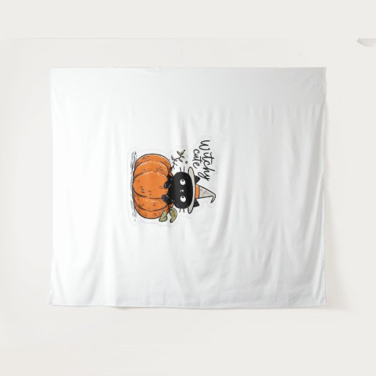Tenture Chat noir mignon en citrouille avec casquette sorc (Devant (Horizontal))