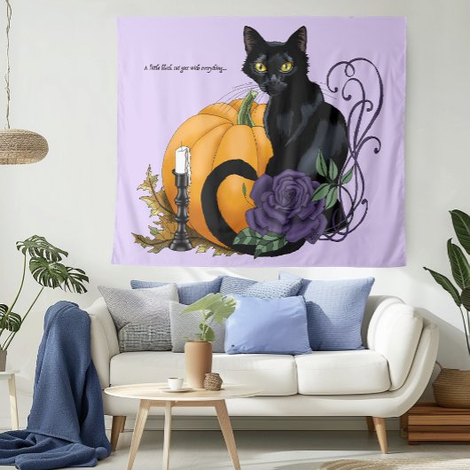 Tenture Chat noir Rose pourpre Citrouille Automne