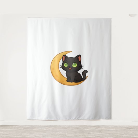 Tenture Chat noir souriant aux yeux verts brillants assis (Devant)
