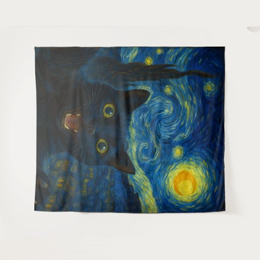 Tenture Chat noir Starry Nuit Van Gogh Chat Selfie (Devant (Horizontal))