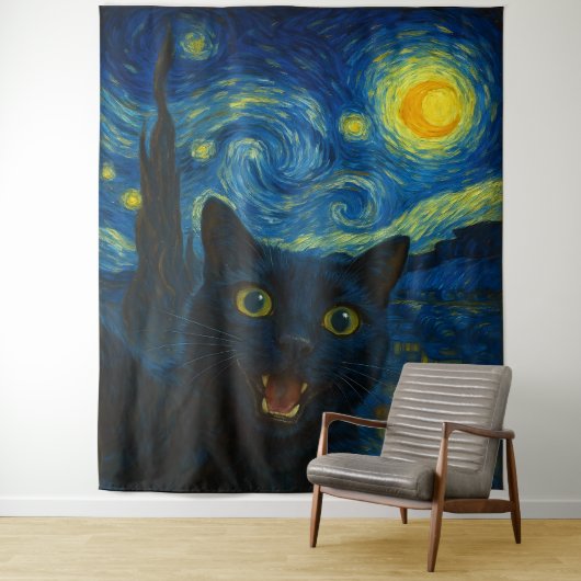 Tenture Chat noir Starry Nuit Van Gogh Chat Selfie (En situation)