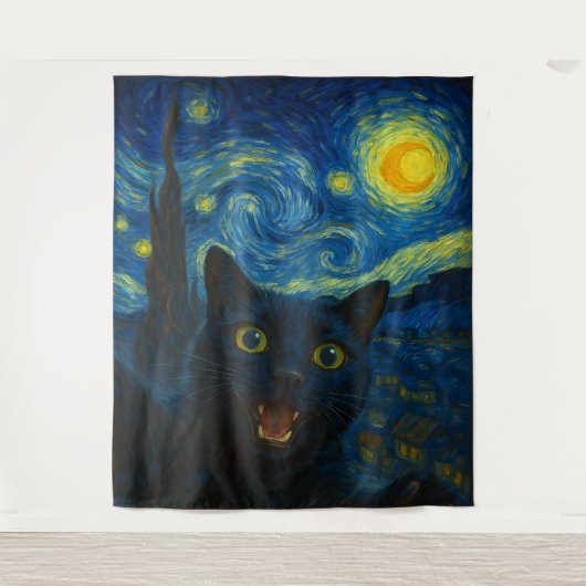 Tenture Chat noir Starry Nuit Van Gogh Chat Selfie (Devant)