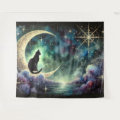 Tenture Chat noir sur Crescent Moon avec ciel étoilé (Devant (Horizontal))
