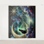 Tenture Chat noir sur Crescent Moon avec ciel étoilé (Devant)