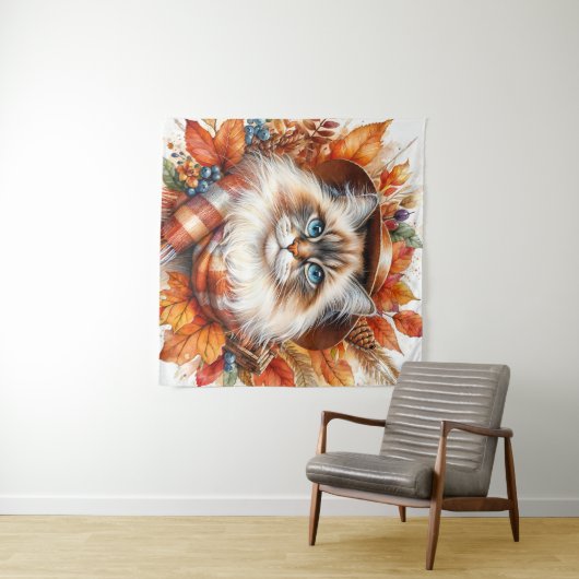 Tenture Chat Ragdoll À L'Automne Avec Écharpe (En situation (horizontale))