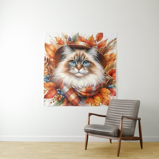 Tenture Chat Ragdoll À L'Automne Avec Écharpe (En situation)