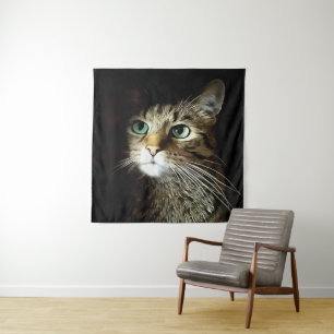 Tenture Chat Tigre aux Yeux Verts Isolé sur Fond Noir