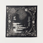 Tenture Château de conte de fées noir et blanc avec cheval (Devant (Horizontal))