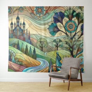 Tenture Château d'Imaginaire avec collines colorées et riv