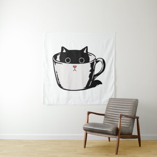 Tenture Chaton noir avec nez rouge caché dans une tasse (En situation)