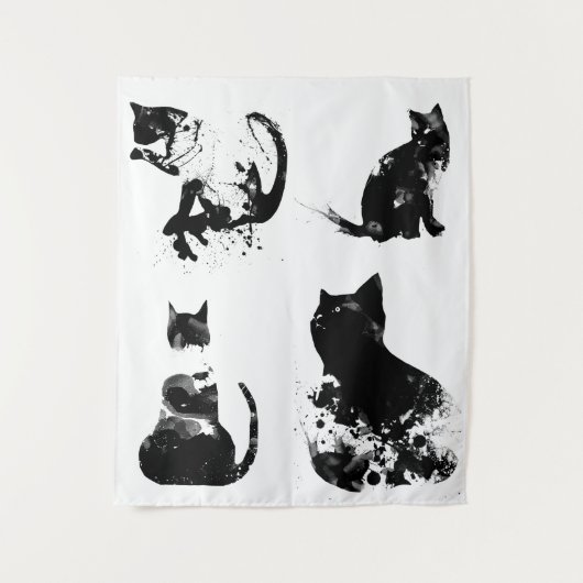 Tenture Chats Aquarelle, Chat Noir, Minimal, Noir & Blanc (Devant)