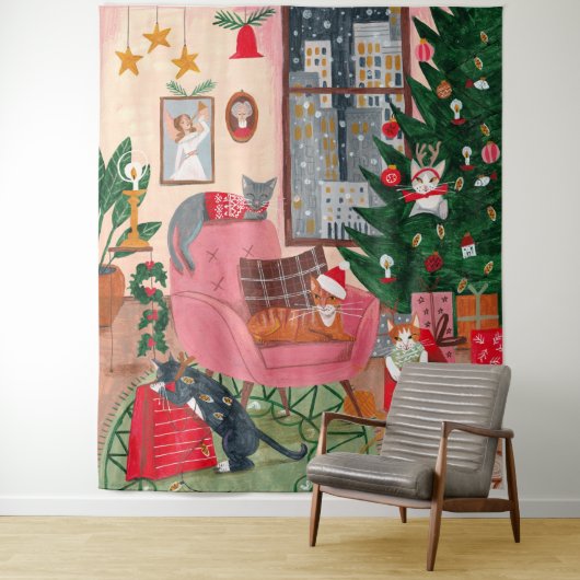 Tenture Chats mignons rétro Noël Vacances (En situation)