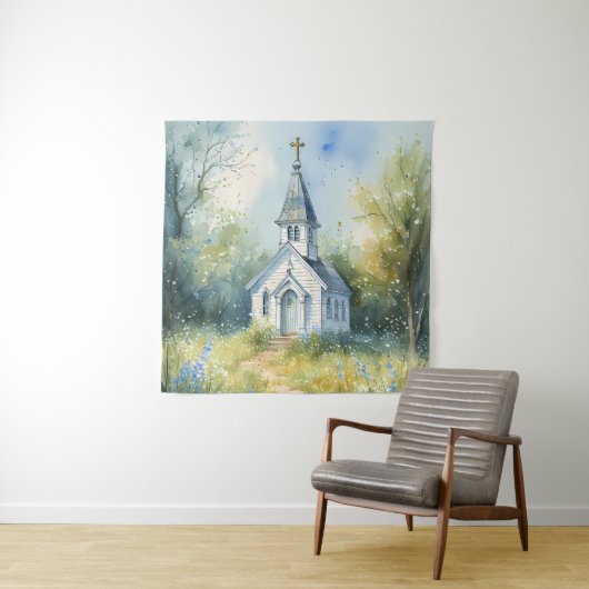 Tenture Chemin rustique d'église dans une prairie de fleur (En situation)