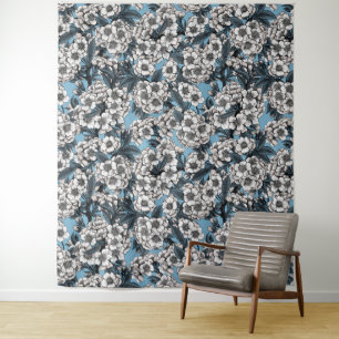 Tenture Cherry blossom in white and blue