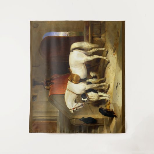 TENTURE CHEVAL BLANC AVEC CHIENS ET FALCONS EN STABLE (Devant)