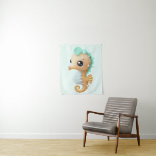 Tenture Cheval de mer bébé mignon en Turquoise et blanc