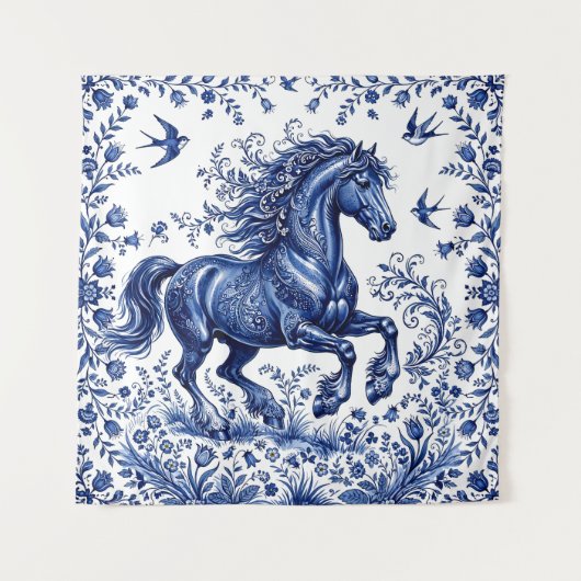 Tenture Cheval frison de style Delft Delftware dans un pré (Devant)