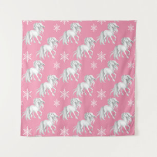 Tenture Chevaux blancs et flocons de neige Motif d'hiver s