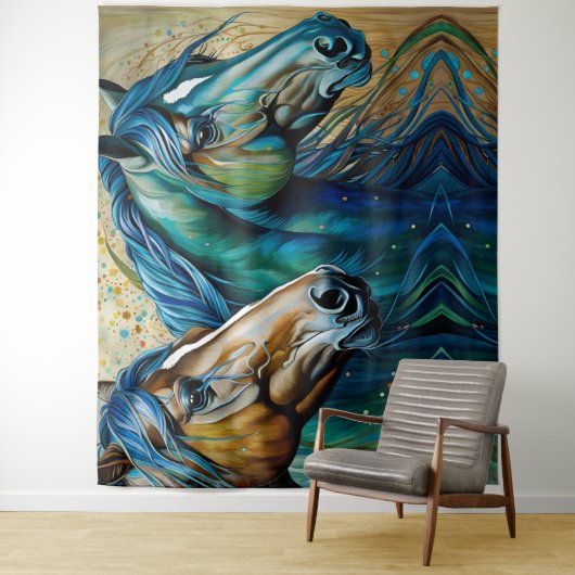 Tenture Chevaux Turquoise bleu vert brun (En situation)