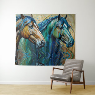 Tenture Chevaux Turquoise bleu vert brun