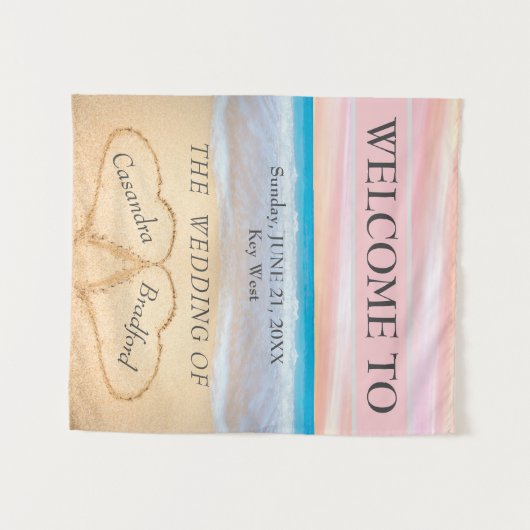 Tenture Chic Beach Wedding 2 Coeurs dans le sable (Devant (Horizontal))