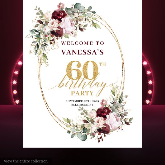 Tenture Chic Boho Burgundy Gold Eucalyptus 60th Backdrop