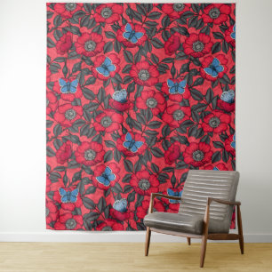 Tenture Chien rose et papillons en rouge et bleu