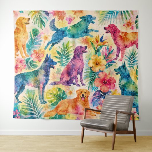 Tenture Chiens Aquarelle Tropicaux (En situation (horizontale))