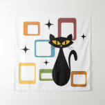 Tenture Chiffre noir du milieu du siècle<br><div class="desc">Illustration colorée de style abstrait du milieu du siècle avec chat noir,  étoiles noires et cubes colorés décoration sur arrière - plan blanc. Vous pouvez ajouter votre nom/monogramme pour personnaliser l'article.</div>