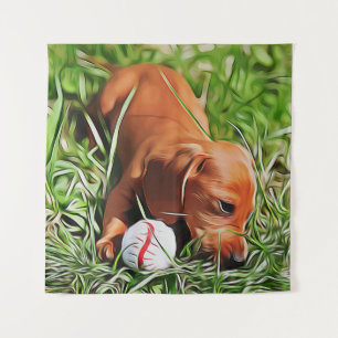 Tenture Chiot Dachshund Posé Dans L'Herbe Avec Ball Xmas P