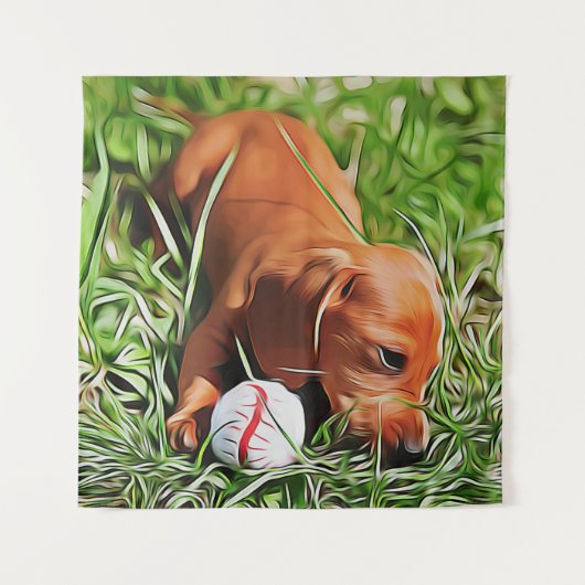 Tenture Chiot Dachshund Posé Dans L'Herbe Avec Ball Xmas P (Devant)