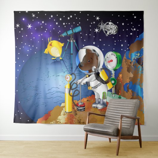 Tenture Chiot dans l'espace un alien avec un télescope (En situation (horizontale))