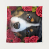 Tenture Chiot de Corgi en roses rouges (Devant (Horizontal))