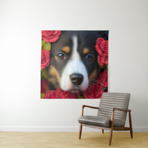Tenture Chiot de Corgi en roses rouges