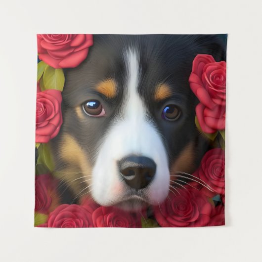 Tenture Chiot de Corgi en roses rouges (Devant)