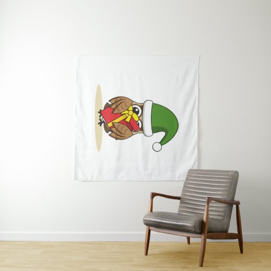 Tenture Chouette elfe de Noël avec présent (En situation (horizontale))