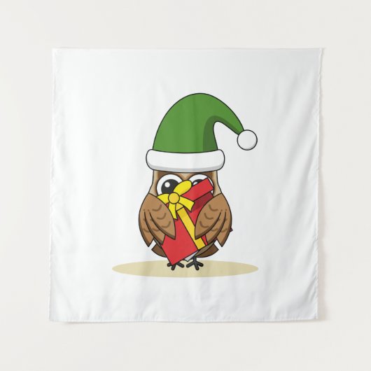 Tenture Chouette elfe de Noël avec présent (Devant)